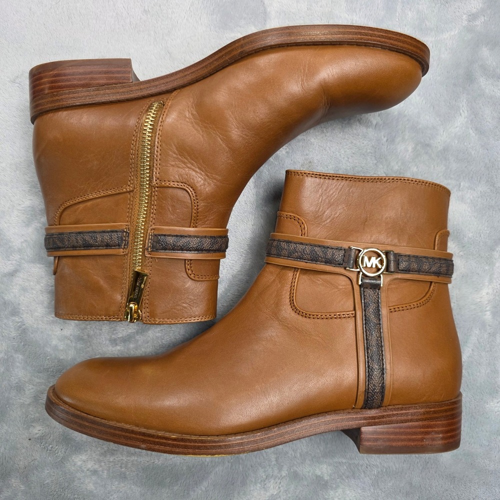 Michael Kors Ankle Boots 7.5 Brown Womens Mindy Leather Signature Logo Strap Zip